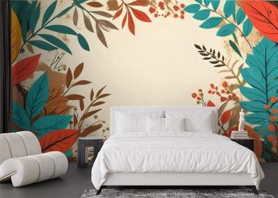 Vintage-inspired nature scene featuring colorful leaves and flowers in a flat doodle style with light brown and teal accents, perfect for a retro poster design. Wall mural