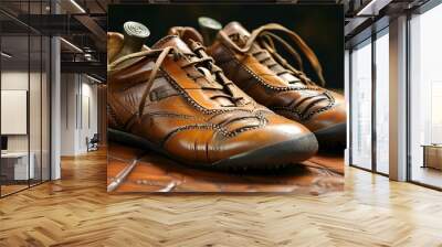 Vintage leather football showcasing intricate upper laces Wall mural