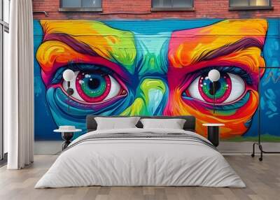 Vivid street art mural featuring two expressive eyes on a brick wall, showcasing captivating urban creativity with striking colors and intricate details. Wall mural