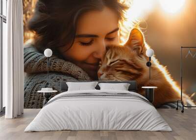 Warm sunlight illuminating a cozy moment between a woman and her adorable orange cat, showcasing their affectionate bond and peaceful companionship. Wall mural