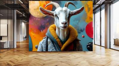 Whimsical Goats Dressed as Humans Against an Abstract Art Backdrop Wall mural