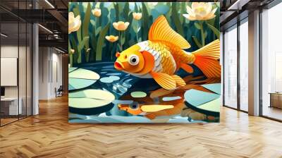 Whimsical Goldfish Swimming in a Charming Paper Cut Pond Illustration for Nursery Décor Wall mural