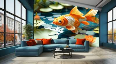 Whimsical Goldfish Swimming in a Charming Paper Cut Pond Illustration for Nursery Décor Wall mural