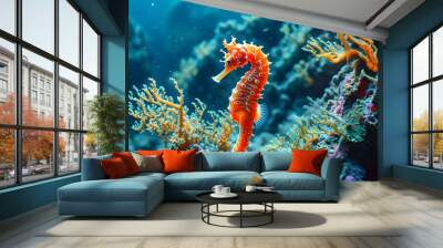 Whimsical Seahorse Swimming Through a Colorful Coral Reef in a Surreal Underwater Paradise Wall mural