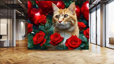 Whimsical Valentine’s Day Scene with Cat Surrounded by Red Balloons and Roses Wall mural