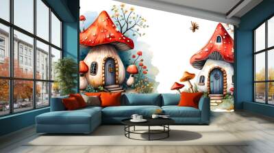 whimsical watercolor cartoon village of fairytale mushroom houses with blooming flowers on a pristine white background Wall mural