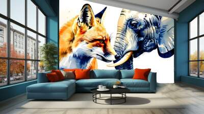 Whimsical watercolor scene of a fox and elephant sharing a nose touch in vibrant orange and blue hues Wall mural