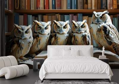 Wise owls immersed in books, discovering knowledge in a cozy library setting Wall mural