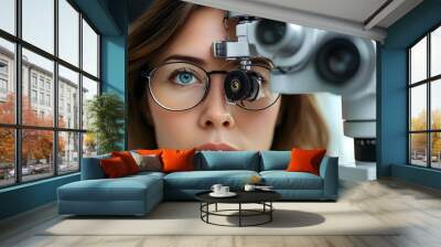 Woman undergoing eye examination with opticians testing equipment in close-up Wall mural