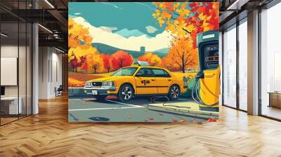 Yellow taxi parked at an electric charging station amidst a colorful autumn landscape Wall mural