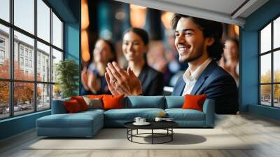 Young entrepreneur enthusiastically applauding at a business conference Wall mural