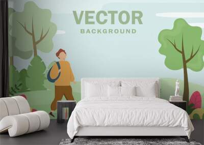 Vector illustration in flat style - Summer background - Landscape illustration with one character walking in summer forest - exploring nature Wall mural