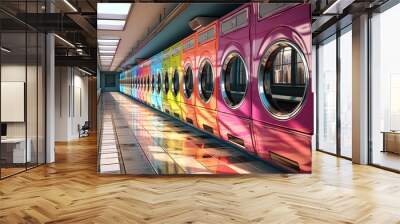 A row of industrial washing machines in a public laundromat Wall mural