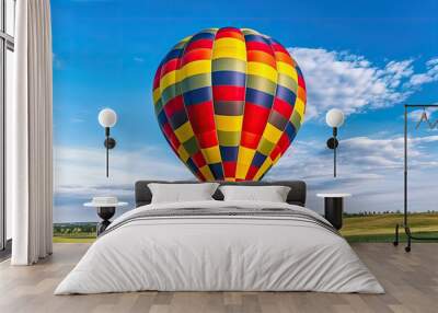 Hot air balloon on the green farm on the blue sky background Wall mural