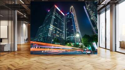 Road City Nightscape Architecture and Fuzzy Car Lights.. Wall mural