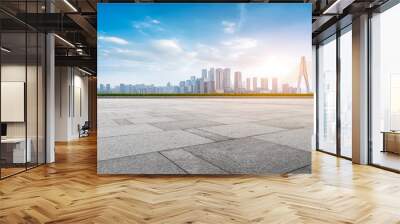 The architectural landscape and urban skyline of the square floor tile with empty foreground.. Wall mural