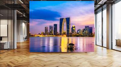 Urban skyline and Park Lake.. Wall mural