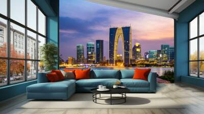 Urban skyline and Park Lake.. Wall mural