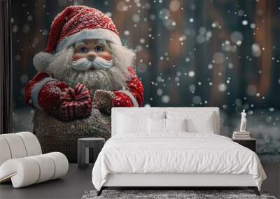 Santa Claus Toy with Bag of Gifts on Wooden Background with Snow - a festive and charming visual. The santa claus toy on the wooden background with snow and a bag of gifts creates an enchanting and de Wall mural