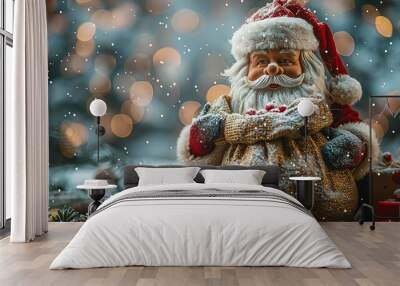 Santa Claus Toy with Bag of Gifts on Wooden Background with Snow - a festive and charming visual. The santa claus toy on the wooden background with snow and a bag of gifts creates an enchanting and de Wall mural