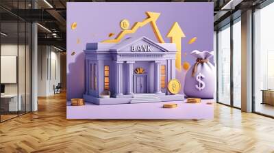 3D icon of a bank building with upward arrow, money bag, and coins on a light purple background symbolizing business growth and financial success Wall mural