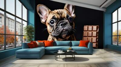 Adorable French Bulldog Puppy with Chocolate Bar on Dramatic Black Background Wall mural