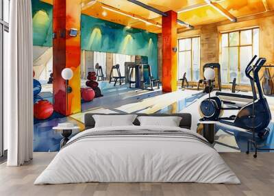 Bright and Inviting Gym Interior Featuring Modern Exercise Equipment, Perfect for Promoting Fitness and Healthy Lifestyle Concepts in a Vibrant Watercolor Style Wall mural