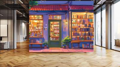 Charming Colorful Bookshop Cafe with Relaxing Lofi Anime Aesthetic Wall mural