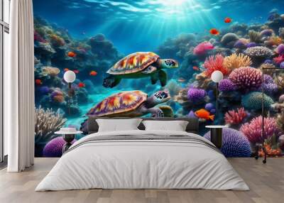 charming green sea turtle swimming in clear tropical waters showcasing vibrant marine life and coral reef species in a stunning underwater paradise Wall mural