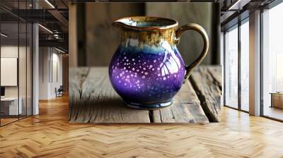 Charming handpainted ceramic pitcher overflowing with sparkling purple water on a rustic wooden table Wall mural