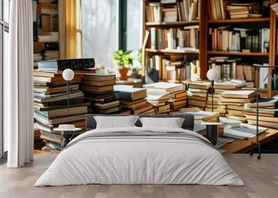 Cluttered desk bathed in sunlight, featuring a large stack of books and papers amidst an inviting office atmosphere Wall mural