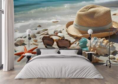 Colorful Beach Accessories Laid Out on Deck for a Fun Summer Holiday Wall mural