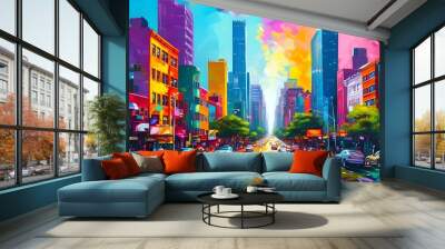 Colorful city streetscape, busy traffic blends with skyscrapers at dusk. Wall mural