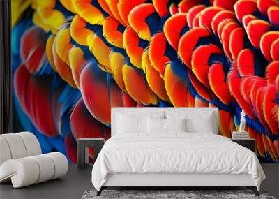 Colorful close-up of vibrant feathers in red, orange, yellow, and blue, highlighting delicate textures and the beauty of nature Wall mural