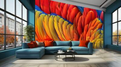 Colorful close-up of vibrant feathers in red, orange, yellow, and blue, highlighting delicate textures and the beauty of nature Wall mural