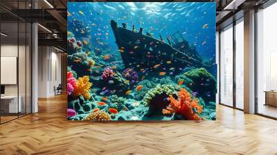 Colorful marine paradise with a sunken shipwreck surrounded by vibrant fish and coral, highlighting the beauty of underwater life in the deep sea Wall mural