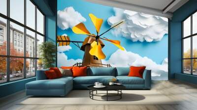 Colorful paper windmill against a bright sky backdrop Wall mural