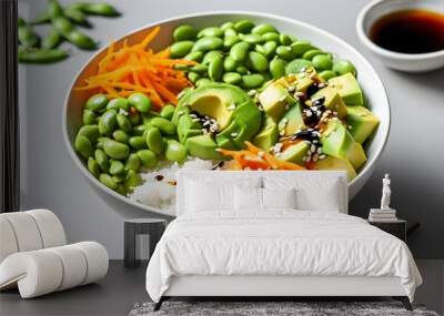 Colorful vegan tofu bowl with avocado, edamame, shredded carrots, and savory soy sauce

 Wall mural