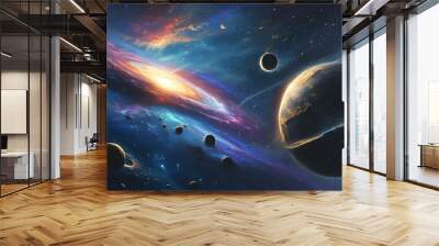 Cosmic spectacle of swirling galaxies and planets caught in the gravitational pull of a black hole Wall mural