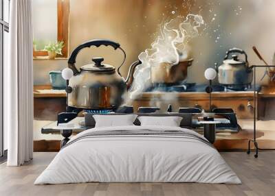 Cozy watercolor scene of a kettle boiling on a stove, steam gracefully rising in an inviting kitchen ambiance Wall mural