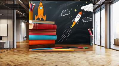 Creative Back to School Scene Featuring Books, Colored Pencils, and a Rocket Sketch on Chalkboard Celebrating Education and Imagination Wall mural