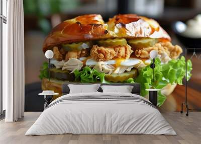 Crispy chicken sandwich on a potato bun topped with fresh lettuce, mayo, juicy pickles, and savory flavors Wall mural