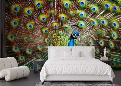 Dazzling display of a peacocks iridescent tail feathers in vibrant colors Wall mural