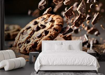 Decadent chocolate chip cookies with flying chocolate chips creating a whimsical chocolate explosion Wall mural