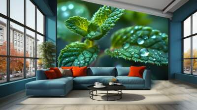 Delectable mint leaves glistening with water droplets in soft natural light, showcasing vibrant freshness and intricate details Wall mural