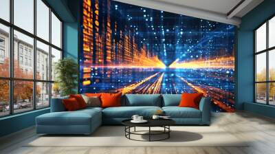 Dynamic abstract representation of digital data with radiant blue and orange lights illustrating intricate connectivity and information flow Wall mural