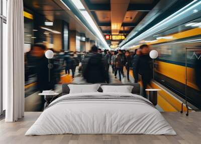 Dynamic city rush at train station with bustling crowd and motion blur capturing the pace of modern urban life and daily routines. Wall mural