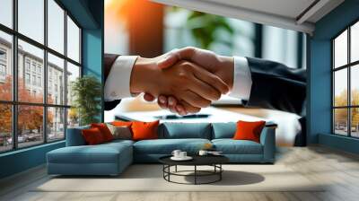 Dynamic handshake between business professionals in a blurred office setting, perfect for financial and legal service promotions Wall mural