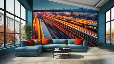 Dynamic long-exposure capture of a lively railway station with trains in motion, showcasing vibrant light trails and a thrilling sense of speed Wall mural