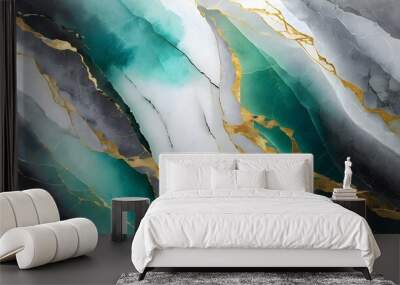 Elegant abstract marble design with gray, cyan, and white hues accented by delicate gold veins Wall mural